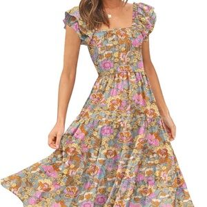DOROSE Women's Summer Floral Dress Smocked Boho Midi Dress Ruffle Tie Back Small
